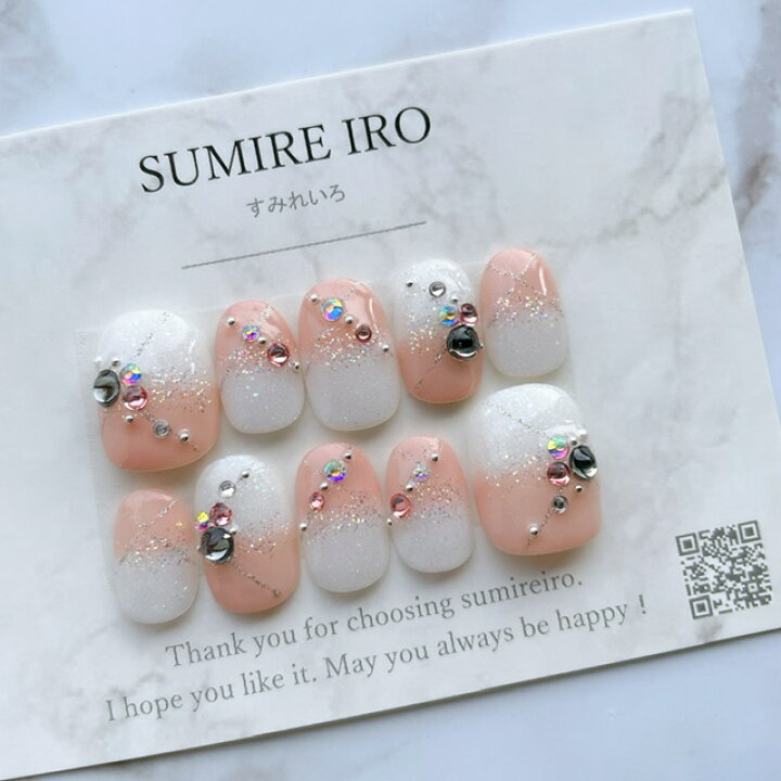 楽天市場 オーダーネイルチップ アートチップ 成人式 ブライダル ウェデイングにも ピンクグラデーション斜めラインストーン着物 振袖 和柄ネイル すみれいろネイル
