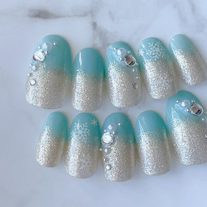 楽天市場】オーダーネイルチップ♪モロッコブルー純銀入りラメグラデ雪  