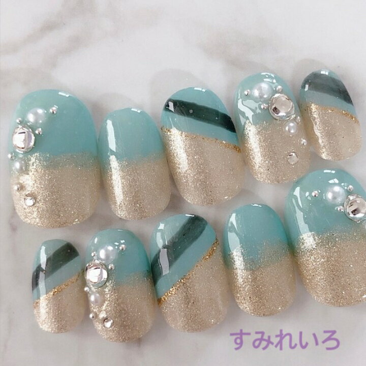 楽天市場 ネイルチップ サイズオーダーネイルチップ アートネイルチップ 成人式ネイルチップ ブライダルネイルチップ ウェデイング 結婚式ネイル 和柄 ネイル 着物 和装 浴衣 振袖 オーバル ラウンドにも対応ネイルチップ モロッコブルー純銀入り