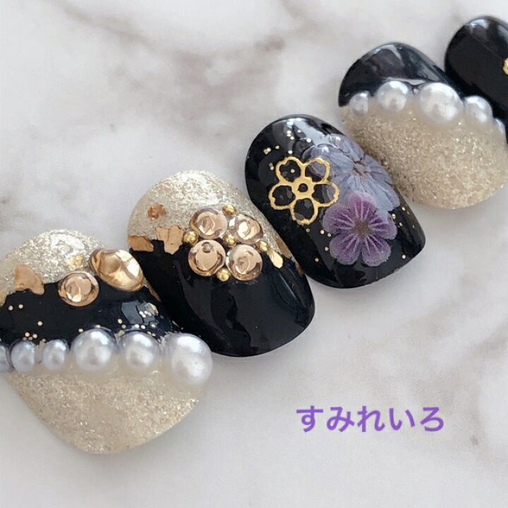 楽天市場 ネイルチップ サイズオーダーネイルチップ アートネイルチップ 成人式ネイルチップ ブライダルネイルチップ ウェデイング 結婚式ネイル 和柄 ネイル 着物 和装 浴衣 振袖 オーバル ラウンドにも対応ネイルチップ 純銀入りラメブラック藤色花