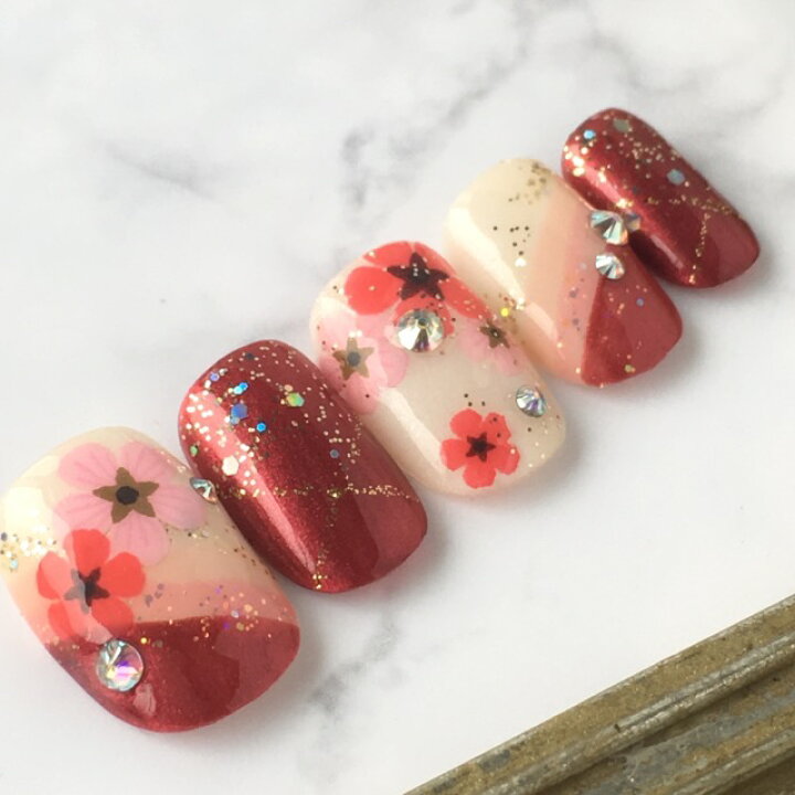 楽天市場 ネイルチップ 成人式 つけ爪 和装 着物 かわいい ブライダル デザイン ショート ロング 短い爪 小さい爪 大きい爪 ベリーショート ちび爪 和柄 和風 振袖 色打掛 浴衣 付け爪 赤レッドピンクフラワー すみれいろネイル