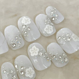 楽天市場 ネイルチップ ブライダル つけ爪 デザイン かわいい ショート ロング 短い爪 小さい爪 大きい爪 ベリーショート ちび爪 結婚式 ウェディング 付け爪ジェルネイル ホワイト白無垢フラワー すみれいろネイル
