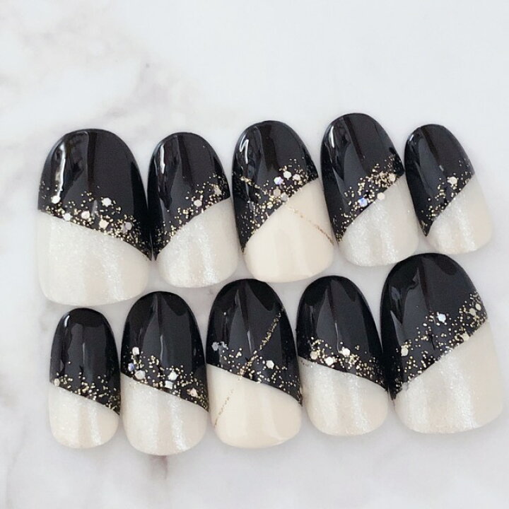 楽天市場 ネイルチップ ブラックパールゴールドラメ短い爪ベリーショートからロングチップのつけ爪選べるサイズでぴったりネイルジェルネイル でワンランク上のチップを是非 浴衣や成人式 オフィスデザインネイル すみれいろネイル