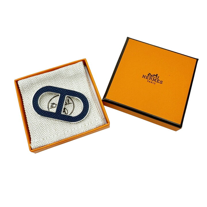 エルメスHERMES ブローチ シェーヌダンクル エプソンネイビー 