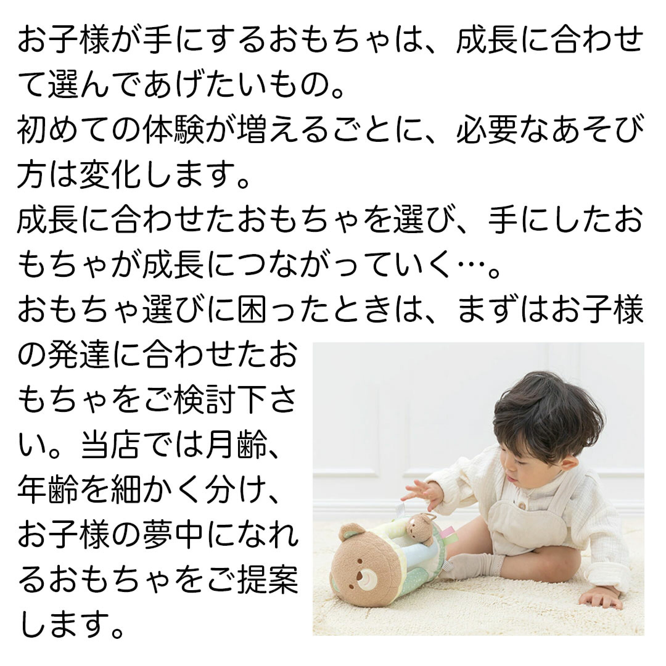 お子様が手にするおもちゃは、成長に合わせて選んであげたいもの。おもちゃ選びに困ったときは、まずはお子様の発達に合わせたおもちゃをご検討下さい。 サンワショッピングでは月齢、年齢を細かく分け、お子様の夢中になれるおもちゃをご提案します。