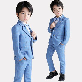 【送料無料】おすすめ 子供服 キッズ服 子供スーツ チェック柄 上下セット フォーマルスーツ キッズスーツ ジュニア ブルー セットアップ スーツセット 5点セット ジャケット+ベスト+ズボン+シャツ+蝶ネクタイ 紳士服 七五三 春 夏 秋 冬 90 100 110 120 130 140 150 160 170