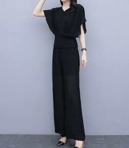 品質良い 春秋夏 レディース エレガント 結婚式 二次会 卒業式 30代 フォーマル OL 通勤 成人式 カジュアル ママ シフォン 半袖 ショート丈トップス+ガウチョパンツ お宮参りパンツセット オ