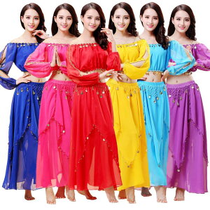 送料無料 ベリーダンス セットアップ ダンス練習着 ジャスミン風 6色 コスチューム プリンセス レッスン着 スパンコール ダンス衣装 金貨 長袖 トップス ステージ演出衣装 レディース 衣装