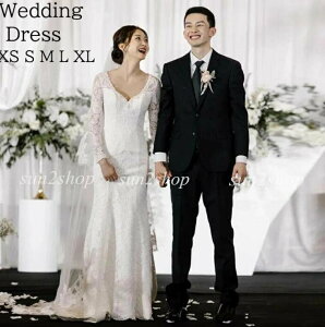 【送料無料】ウェディングドレス 白ドレス 結婚式 Vネック 総レース シンプル 高級感 長袖 前撮り/後撮りイブイングドレス ロングドレス 花嫁ドレス フォトウェディング撮影 ファスナー パ