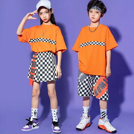 キッズダンス衣装 キッズ衣装 半袖Tシャツ＆ブロックチェックハーフパンツ スカート バラ売り 上下別売り キッズトップス 格子柄 ヒップホップ 半ズボン レッスン着 練習着 カジュアル ストリート ジュニア 個性派 派手 発表会 子供●6079●