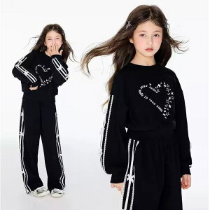 【2,980円以上購入で10%OFF!】セットアップ ジャージ キッズセットアップ ジャージ 2点セット 秋冬 スウェット 長袖 ラインパンツ リボン ハート 長ズボン キッズ 上下セット ポケット付き 普段
