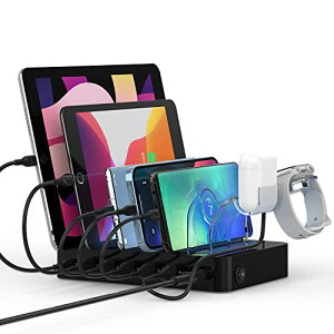 色:Black 首佩 急速充電60W 6ポートUSB充電ステーション、 充電スタンド 6本の充電ケーブルが含まれ、Apple iPhone iPad iWatch iPodと互換性があり、I-Watch充電器ホルダー、電話、タブレット、その他