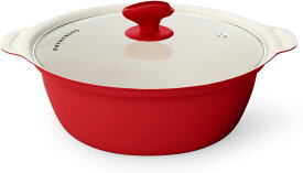 色：レッド サイズ：26CM COOKSMARK 卓上鍋 両手鍋 26cm IH対応オール熱源対応 ガラス鍋蓋付 フッ素樹脂コート 割れない土鍋 火傷防止シリコン取っ手付 菜箸やお玉が置ける レッド