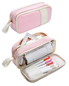 色:Pink YOKUMA ペンケース 筆箱 ポーチ 透明な窓 クリア ペンポーチ おしゃれ シンプル 大容量 多機能 大人 高校生 中学生 男の子 女の子 大学生 小学生 子供用 ピンク