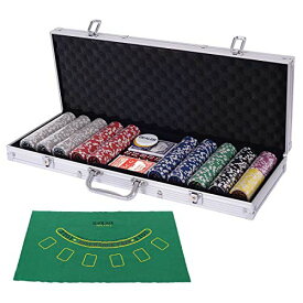 サイズ：500枚/シルバー Costway ポーカーセット ポーカーチップ チップ 500枚 数字入り カジノチップ カジノゲーム トランプ付き マット付き シルバーケース