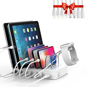 首佩急速充電3.0 60W/12A 6ポートUSB充電ステーション、マルチデバイスの充電と同時に 8本の短い充電ケーブルが付属、I-Watch充電器ホルダー、電話、タブレット、およびその他の電子機器用、
