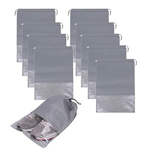 色:グレー サイズ:Mサイズ 10枚入り 靴袋 巾着 不織布 シューズバッグ 収納袋 服入れ 透明窓付き 靴収納ケース (グレーM 10枚)