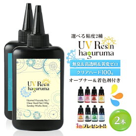 ◆調色カップ付◆レジン液 大容量 100g 選べる粘度2本セット 合計200g クリアハード UVレジン液 扱いやすいノーマル粘度 さらさら低粘度 選べる種類 高品質 低刺激無臭 高透明 黄変ナシ