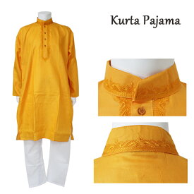 クルタ・パジャマ：イエロー M~Lサイズ相当（インド表記40）/ クルタパジャマ Kurta Pajama 男性 民族衣装 メンズ インド スーツ エスニック ファッション