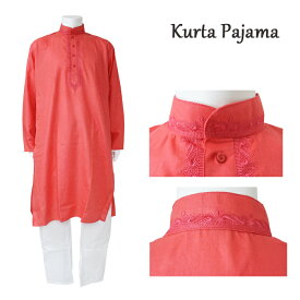 クルタ・パジャマ：サーモンピンク Lサイズ相当（インド表記42）/ クルタパジャマ Kurta Pajama 男性 民族衣装 メンズ インド スーツ エスニック ファッション