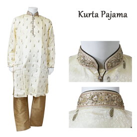 クルタ・パジャマ：クリーム色 M〜Lサイズ相当（インド表記40）/ クルタパジャマ Kurta Pajama 男性 民族衣装 メンズ インド スーツ エスニック ファッション