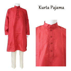 クルタ・パジャマ：レッド M〜Lサイズ相当（インド表記40）/ クルタパジャマ Kurta Pajama 男性 民族衣装 メンズ インド スーツ エスニック ファッション