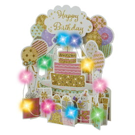 バースデーカード 光る♪「HAPPY BIRTHDAY TO YOU」のメロディーと歌声、歓声が流れるカード 誕生日祝い ライト＆メロディー 風船とプレゼント JPME49-3 982369 サンリオ sanrio 誕生日 お祝い 子供 手紙