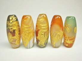 【チベット高級天珠】手彫り龍神天珠赤・緑縞メノウ20×8mm【ゴールド】