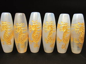 ※訳あり※【チベット高級天珠】手彫り龍神天珠白縞メノウ30×10mm【ゴールド】