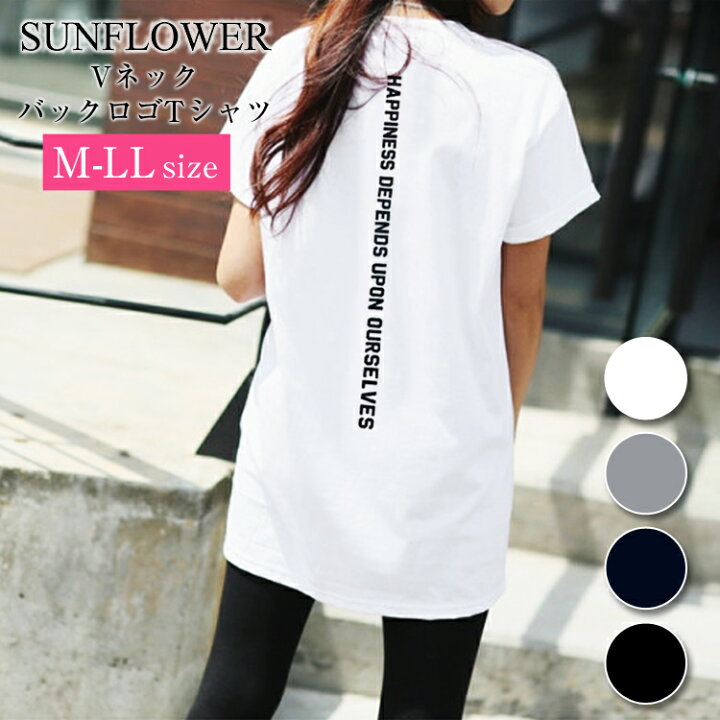 楽天市場 楽天1位 バックプリント Vネック カットソー Tシャツ ロゴ 半袖 Vネック 胸ポケット Tシャツ トップス レディース メッセージプリント Tシャツ 22 夏 新作 2枚可 Sunflower サンフラワー