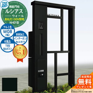 【無料★特典付】機能門柱 ルシアスウォール NH01型 W08 表札灯タイプ(100V照明) 本体:アルミ色 後出し:T9型ポスト シンプレオ宅配ボックス2型 インターホン加工付き 門柱 ポスト YKKap UYA-NH01