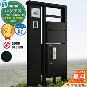 【無料★特典付】機能門柱 ルシアスウォール NA01型 W08 表札灯タイプ(100V照明) 本体:アルミ色 前出し:T10型ポスト(アルミ色) インターホン加工なし ルシアス宅配ボックス1型 門柱 ポスト YKKa