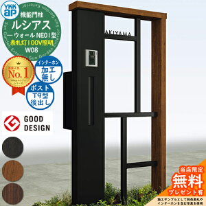 【無料★特典付】機能門柱 ルシアスウォール NE01型 W08 表札灯タイプ(100V照明) 本体:複合色 ポスト加工付き T9型(後出し) インターホン加工なし 門柱 ポスト YKKap UYA-NE01 郵便ポスト 郵便受け