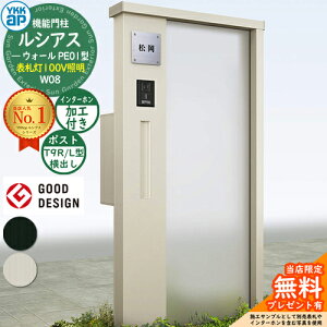 【無料★特典付】機能門柱 ルシアスウォール PE01型 W08 表札灯タイプ(100V照明) 本体:アルミ色 ポスト加工付き T9R(L)型(横出し) インターホン加工付き 門柱 ポスト YKKap UYA-PE01 郵便ポスト 郵便