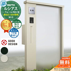 【無料★特典付】機能門柱 ルシアスウォール PE01型 W10 表札灯タイプ(100V照明) 本体:アルミ色 ポスト加工付き T9型(後出し) インターホン加工付き 門柱 ポスト YKKap UYA-PE01 郵便ポスト 郵便受