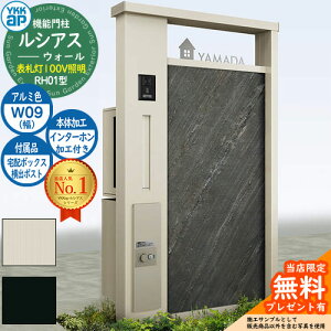【無料★特典付】機能門柱 ルシアスウォール RH01型 W09 表札灯タイプ(100V照明) 本体:アルミ色 横出し:T9R(L)型ポスト シンプレオ宅配ボックス2型 インターホン加工付き 門柱 ポスト YKKap UYA-RH