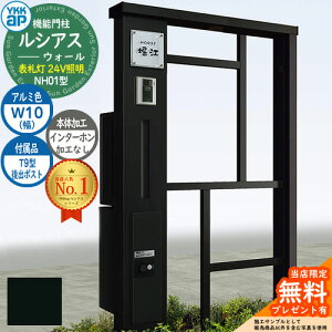 【無料★特典付】機能門柱 ルシアスウォール NH01型 W10 表札灯タイプ(24V照明) 本体:アルミ色 後出し:T9型ポスト シンプレオ宅配ボックス2型 インターホン加工なし 門柱 ポスト YKKap UYA-NH01