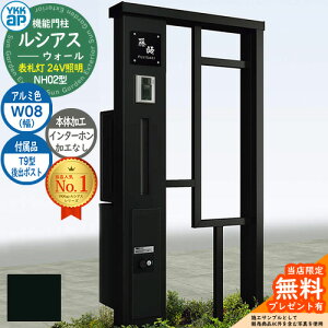 【無料★特典付】機能門柱 ルシアスウォール NH02型 W08 表札灯タイプ(24V照明) 本体:アルミ色 後出し:T9型ポスト シンプレオ宅配ボックス2型 インターホン加工なし 門柱 ポスト YKKap UYA-NH02