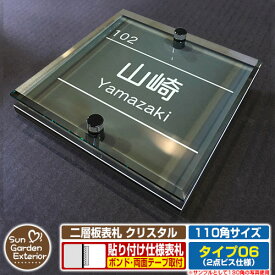 【ポイント5倍】ネームプレート 二層板表札 クリスタル Type06：2点ビス仕様【サイズ：110×110mm】 イメージ画像：A集合住宅用（6ブラック） YKKap ルシアスポストユニット 三協アルミ ステイム 機能門柱 機能ポールにも取り付け可能 貼り付けタイプ 表札