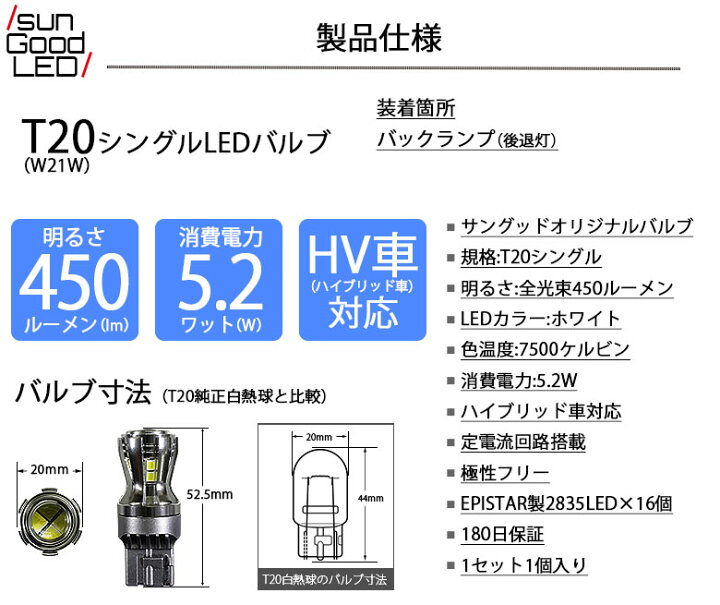 楽天市場 サングッドオリジナル 華 Hana 1個販売 Tシングル 華 Hana 450ルーメンledウェッジバルブ ホワイト 7500ケルビン バックランプ用 1個入 国内検品カーledのサングッド Sungood サングッド