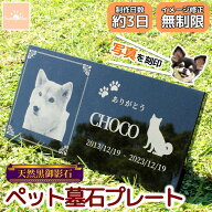 【レビューキャンペーン中！】 ペット 墓石 プレート 写真入り 選べるデザイン 天然黒御影石 埋葬 墓標 …