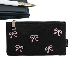 【送料無料】PAVIKE 可愛いペンケース 筆箱 19*11cm ペン入れ 大容量 リボン刺繍 学生 大人 オシャレなペンケース 韓国風 文具屋 学校 ピンクブラック シンプルなペンケース