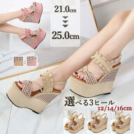 ウエッジソール サンダル 厚底 レディース ヒール12cm 14cm 16cm ストラップ 美脚 可愛い チェック柄 フ…