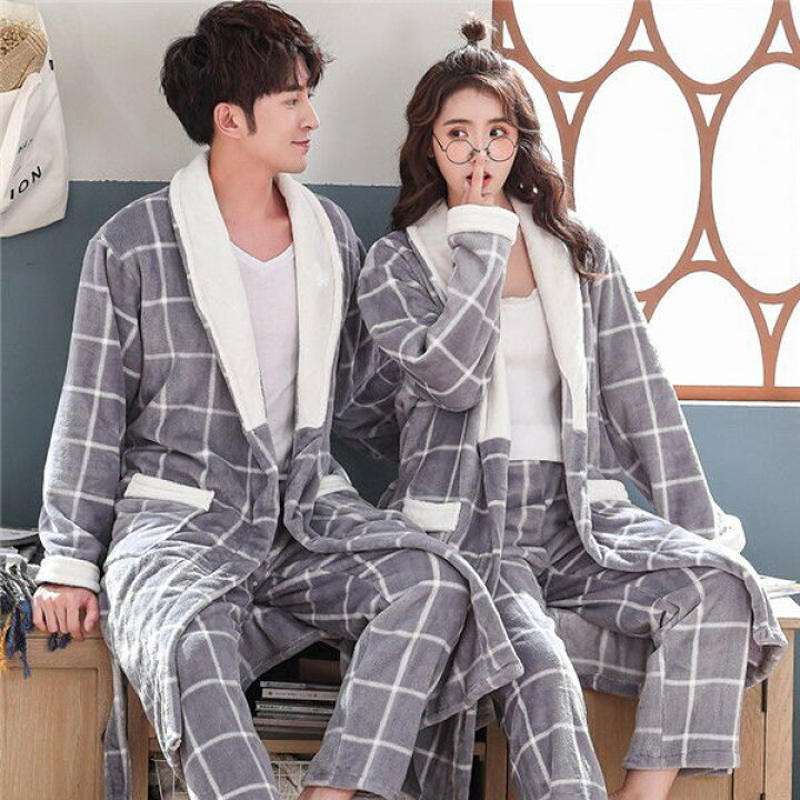 楽天市場 ペア パジャマ レディース 前開き 冬 長袖 ナイトガウン ルームウェア 寝間着 カップル もこもこ 裏起毛 メンズ かわいい 部屋着 お揃い 結婚祝い プレゼント 暖かい ナイトガウン グレー M L Xl 2xl 3xl 代引き不可 サニープライズ 楽天市場店