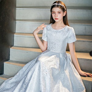 ピアノ発表会 ドレス 子供 女の子 発表会 子ども ワンピース ノースリーブ 半袖 シルバー お祝い日 演奏会 音楽会 フォーマル 誕生日 撮影 パーティー ジュニア キッズ ロングドレス ロング