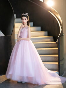 ドレス 子供 発表会 ピンク 結婚式 女の子 ジュニア ピアノ発表会 120-170 フォーマル ワンピース コンクール 袖無し ノースリーブ ロング ロングドレス トレーン キッズドレス パーティドレス