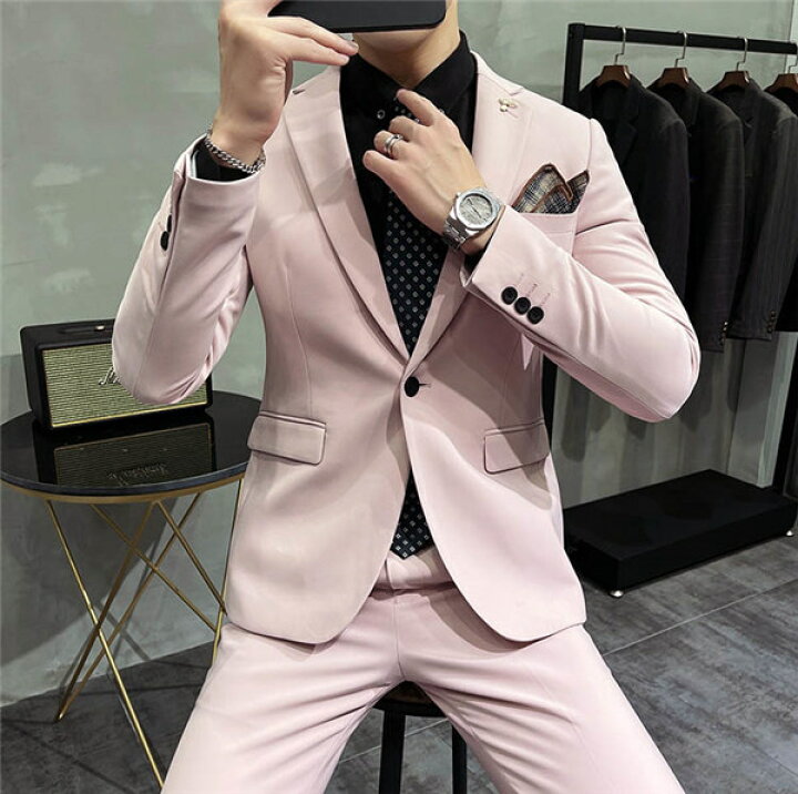 楽天市場 ピンクスーツ 無地 1ボタン スリムスーツ ビジネススーツ メンズ シングル メンズスーツ 紳士服 シンプル 大きいサイズ おしゃれスーツ 細身 結婚式 面接 オシャレ 男性用 就職活動 結婚式 二次会 謝恩会 パーティー Dg335g4g4l9 代引不可 サニープライズ