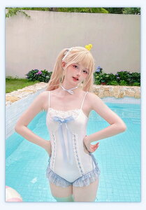 ワンピース水着 レディース ロリータ風 ビッグリボン スカート追加可 かわいい フリル 透け感あり 水着 肩出し 着痩せ セクシー 無地 コスプレ 衣装 撮影 写真用 映える 温泉 プール ビーチ