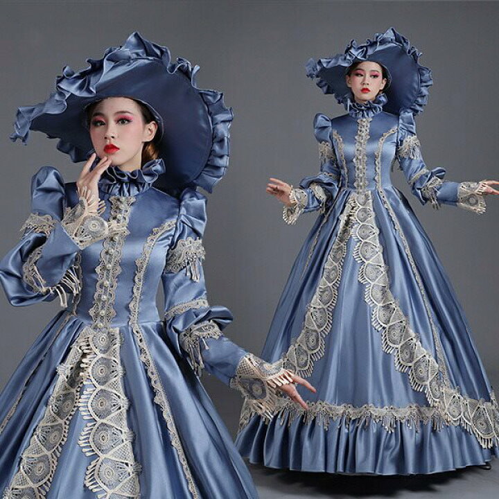 楽天市場 ロングドレス 貴族ドレス お姫様ドレス ドレス 中世ヨーロッパ ステージ 袖あり 盛り袖 衣装 貴婦人 ラフカラー 上品 帽子付き 演奏会 舞台衣装 貴族風 メルヘン ゴージャス ドレス衣装 声楽 撮影 コスプレ Aライン フリル ブルー S M L Xl Da2s1s1c8 代引