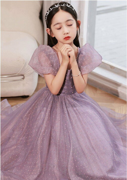 楽天市場】子供ドレス パープル ワンピース パフスリーブ ロングドレス  